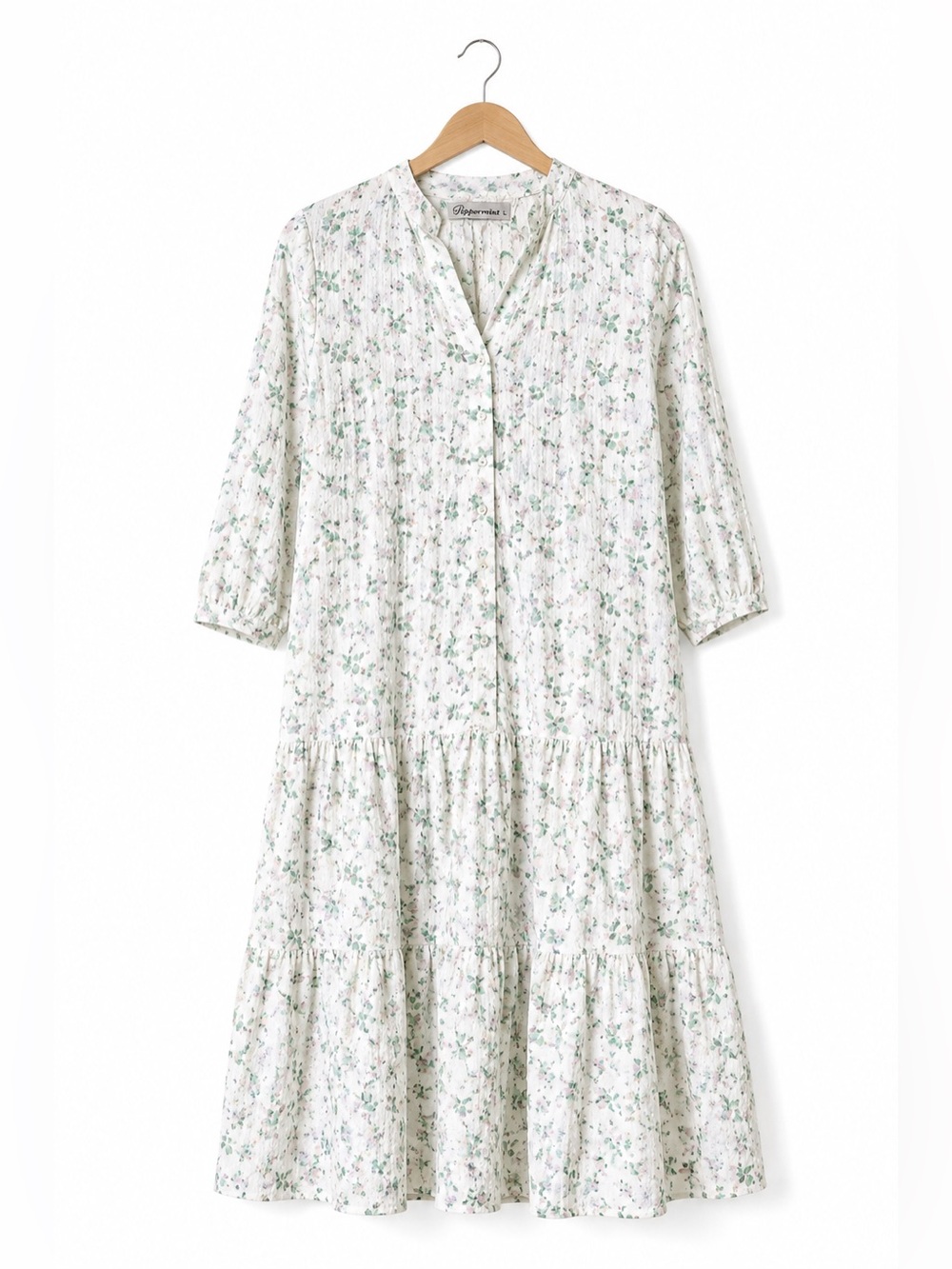Peppermint White Floral Textured Tiered Prairie Midi Dress